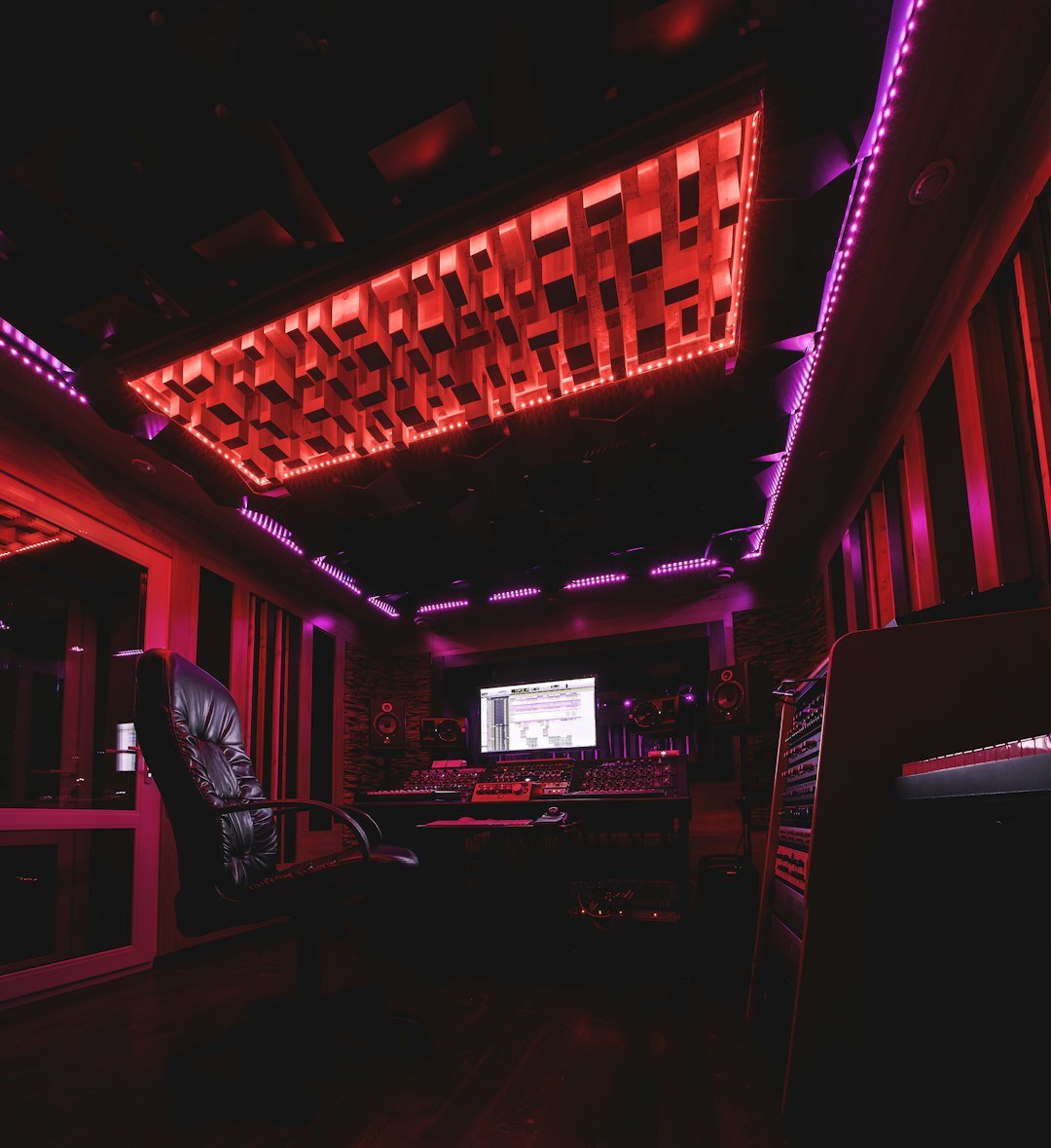 Wide view of a modern streaming and live production control room